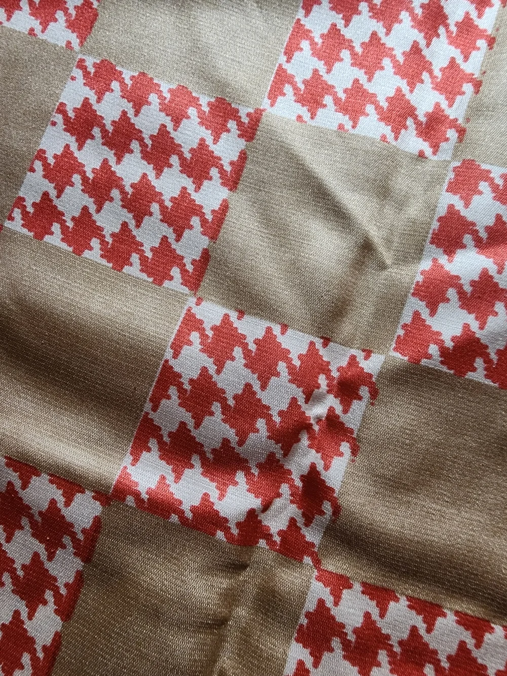 Beige and Coral Houndstooth Pattern Silk Scarf